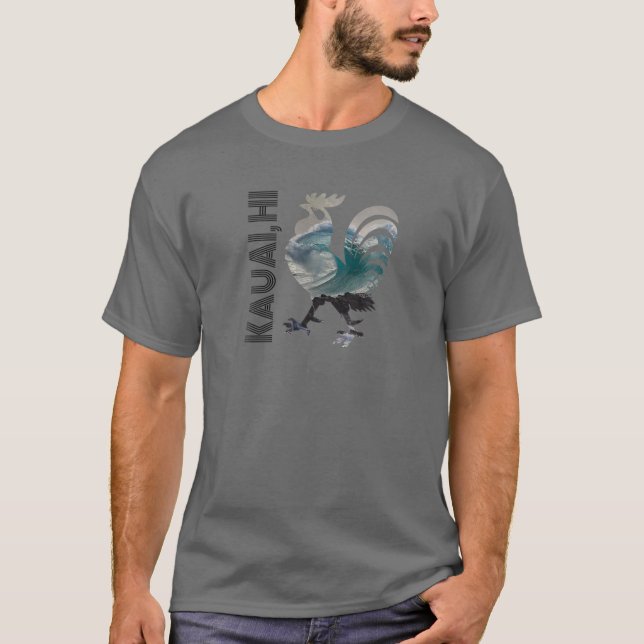 Camiseta Kauai Chicken Rooster Hawaii Surf Wave (Frente)