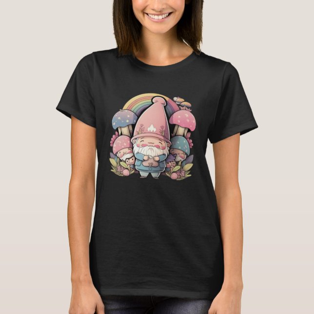 Camiseta Kawai Cute Pink Gnomes Mushrooms Rainbow Happy Eas (Frente)