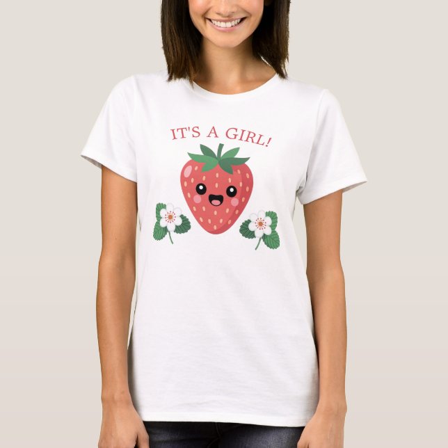Camiseta Kawai Strawberry Baby Shower Mom To Be It's A Girl (Frente)