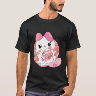 Camiseta Kawaii Anime Bebendo de Gato Morango Leite Japonês