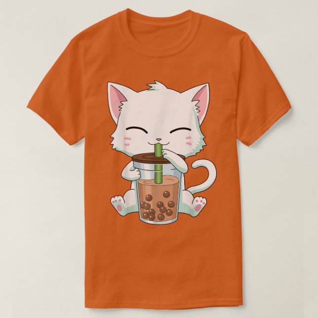 Camiseta Kawaii Anime Cat Boba Tea Bubble Tea for Girls Boy (Frente do Design)