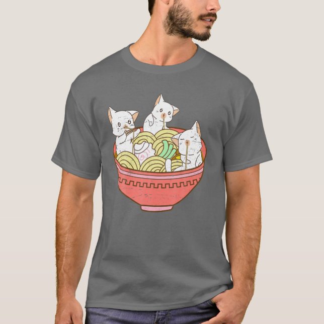Camiseta Kawaii Anime Cat Ramen Japonês Noodles - Kitten V (Frente)