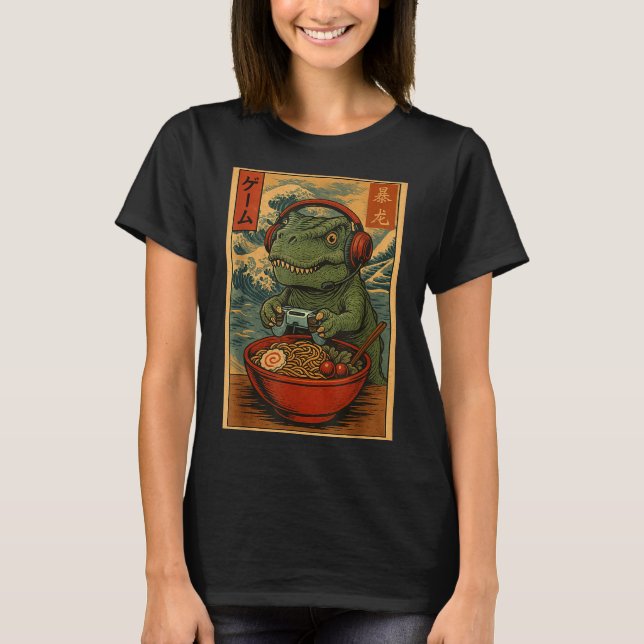 Camiseta Kawaii Anime Gamer T-rex Ramen Retro Japanese Gami (Frente)