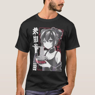 Camiseta Kawaii Anime Girl Comendo Ramen Noodles Japonês E