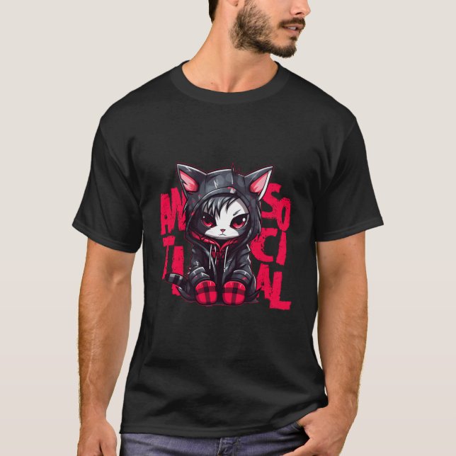 Camiseta Kawaii Anime Gothic Cat Chibi Antisocial Hera Grun (Frente)