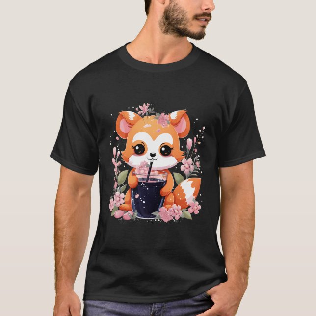 Camiseta Kawaii Anime Red Panda Bebe Boba Tea Bubble Cher (Frente)