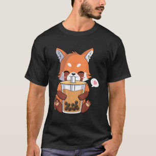 Camiseta Kawaii Anime Red Panda Bebendo Boba Bubble Tea