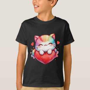 Camiseta Kawaii Arco-Íris Gatinho Fofo Abraçando Coração Ki