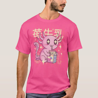 Camiseta Kawaii Axolotl Bebendo Morango Leite - Boba Tea