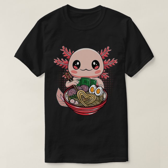 Camiseta Kawaii Axolotl Comendo Ramen Nodles Anime Gift Gir (Frente do Design)