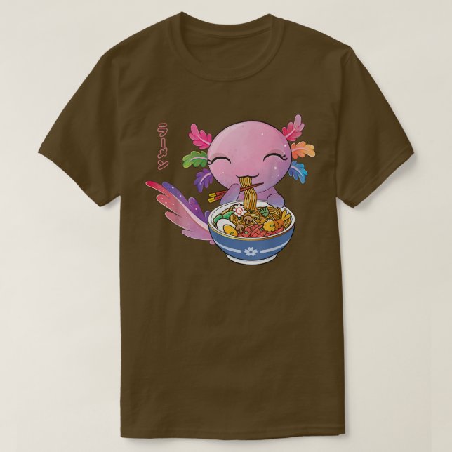Camiseta Kawaii Axolotl Eating Ramen Japanese Noodles Anime (Frente do Design)