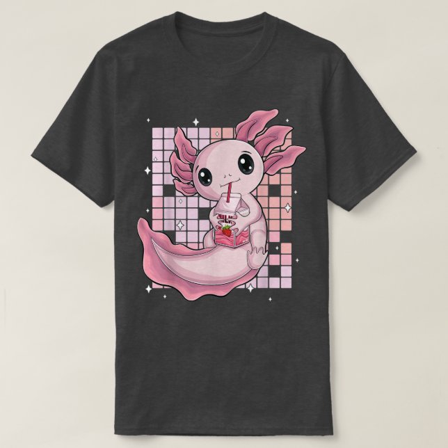 Camiseta Kawaii Axolotl Japonês Morango Leite Shake anim (Frente do Design)