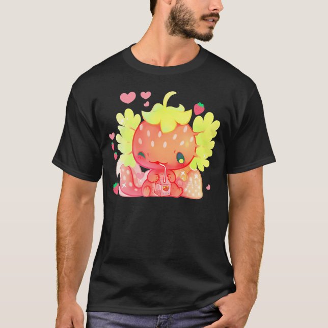 Camiseta Kawaii Axolotl Strawberry Milk Shake Anim Japonês (Frente)