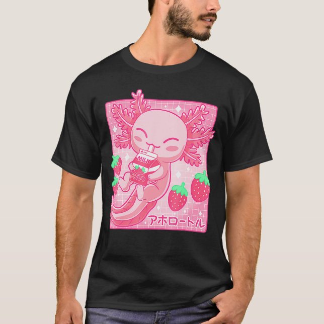 Camiseta Kawaii Axolotl Strawberry Milk Shake Carton Japane (Frente)