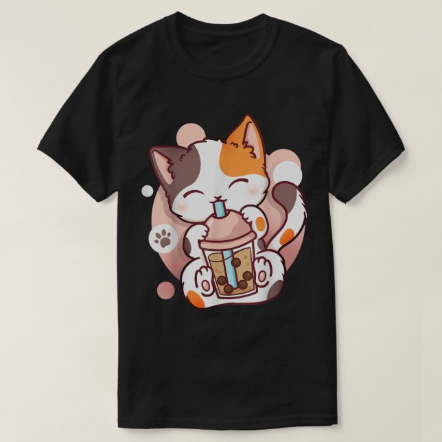 Camiseta Kawaii Boba Cat Drinking Bubble Tea Tee (Frente do Design)