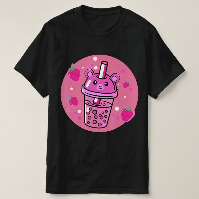 Camiseta Kawaii Boba Cup Strawberry Anime Bubble Tea Cute (Frente do Design)