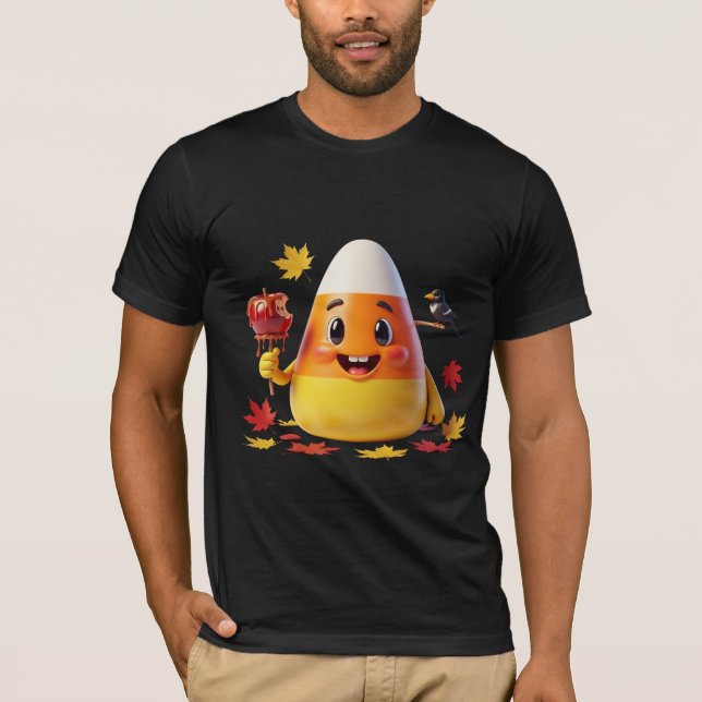 Camiseta Kawaii Candy Corn com Caramel Apple e Folhas de Ou (Frente)
