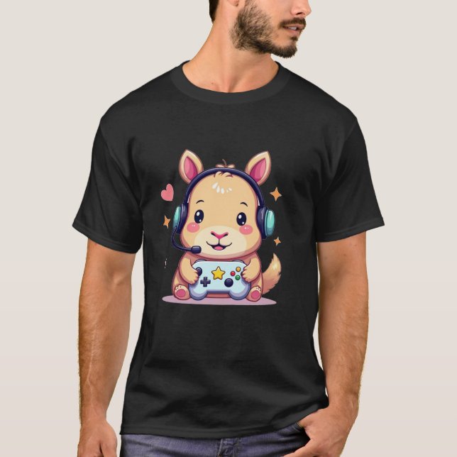 Camiseta Kawaii Capybara Fazendo Videos games Capybara Gami (Frente)