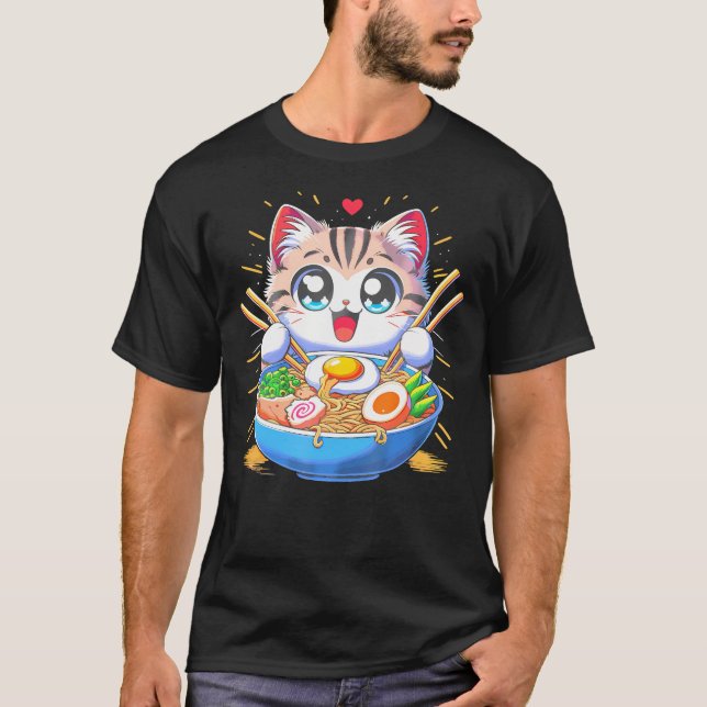 Camiseta Kawaii Cat Anime Japonês Ganga Ramen (Frente)