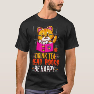 Camiseta Kawaii Cat Bebe Chá Lê Livros Feliz
