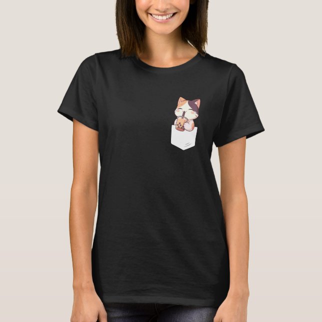 Camiseta Kawaii Cat Boba Pocket Japanese cute aesthetic Ani (Frente)
