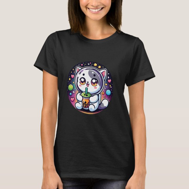 Camiseta Kawaii Cat Bubble Tea Astronaut Lover Cute (Frente)