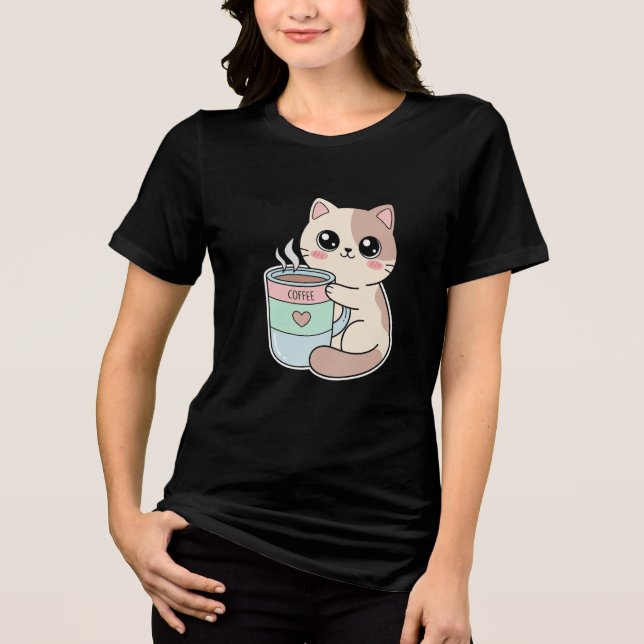 Camiseta Kawaii Cat Coffee Primeiro (Frente)
