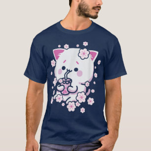Camiseta Kawaii Cat com Chá de Bolha e Chá Boba e Sakura