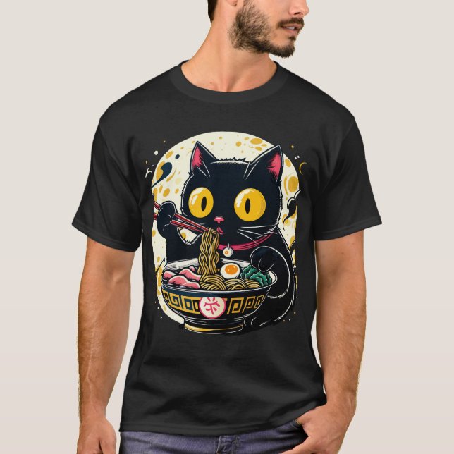 Camiseta Kawaii Cat Comendo Ramen Nodles Anime Gif Adolesce (Frente)