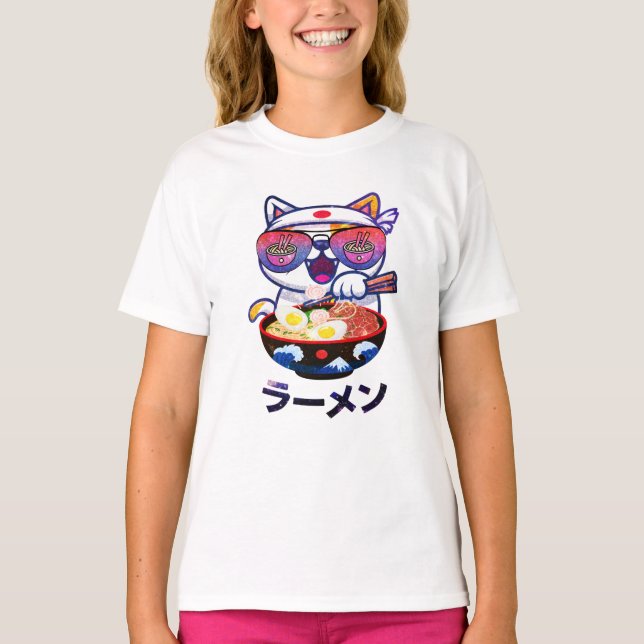 Camiseta Kawaii Cat Comendo Ramen Noodles (Frente)