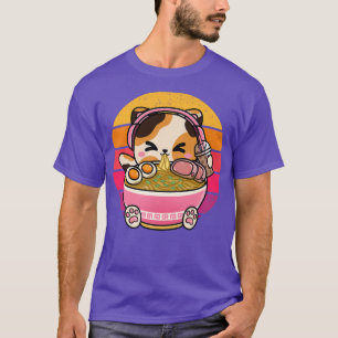 Camiseta Kawaii Cat Comendo Ramen Vestindo Auscultadores Bo