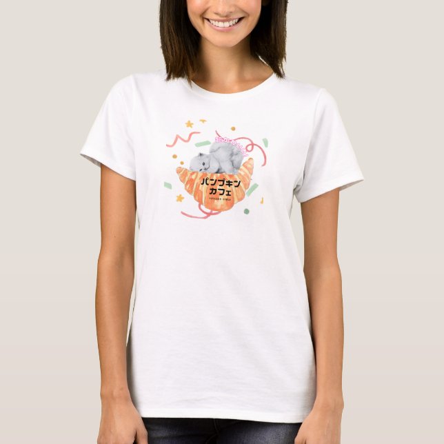 Camiseta Kawaii Cat & Croissant – Harajuku Aesthetic (Frente)