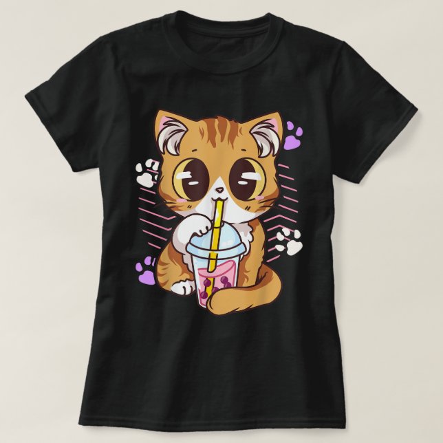 Camiseta Kawaii Cat Drinking Boba Tea (Frente do Design)