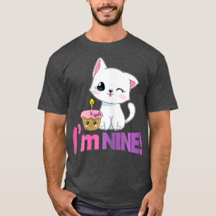 Camiseta Kawaii Cat e Bolo Aniversário Presente 9 Anos