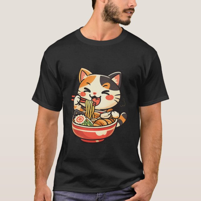 Camiseta Kawaii Cat Eating Ramen Shirt – Cute Japanese Cat  (Frente)