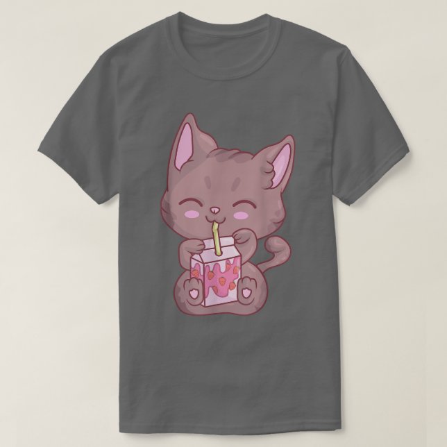 Camiseta Kawaii Cat Para Mulheres Meninas Animação Morango  (Frente do Design)