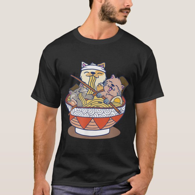 Camiseta Kawaii Cats Anime Noodles Japoneses Ramen (Frente)