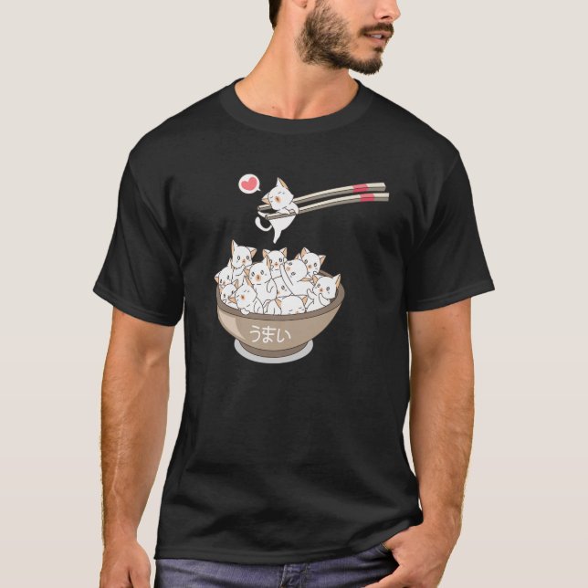 Camiseta Kawaii Cats Pets Ramen Noodles Japonês Sushi Anim (Frente)