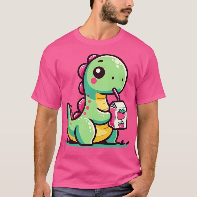 Camiseta Kawaii Chibi Brachiosaurus Palha de Bebendo Dinoss (Frente)