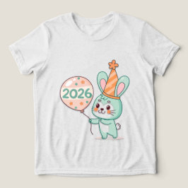 Camiseta Kawaii Chibi Rabbit Mascot Holding 2026 Balloons