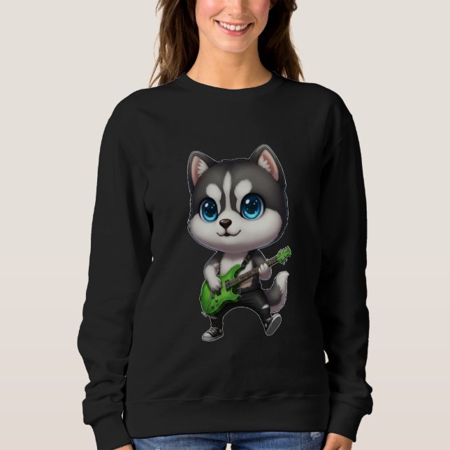 Camiseta Kawaii Chibi Siberiano Engraçado Husky Tocando Gui (Frente)