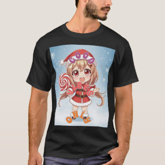 Camiseta Kawaii Christmas Chibi Anime Girl in Santa Suit wi