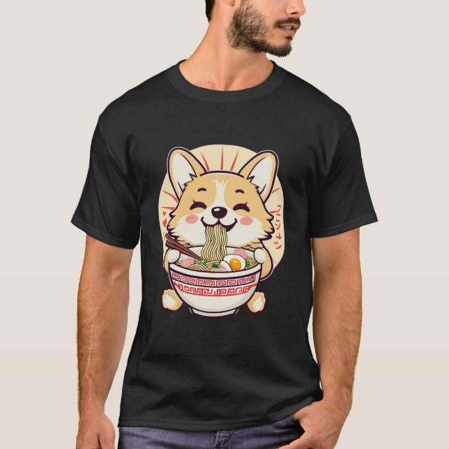 Camiseta Kawaii Corgi Eating Ramen - Comida de Cachorro de  (Frente)