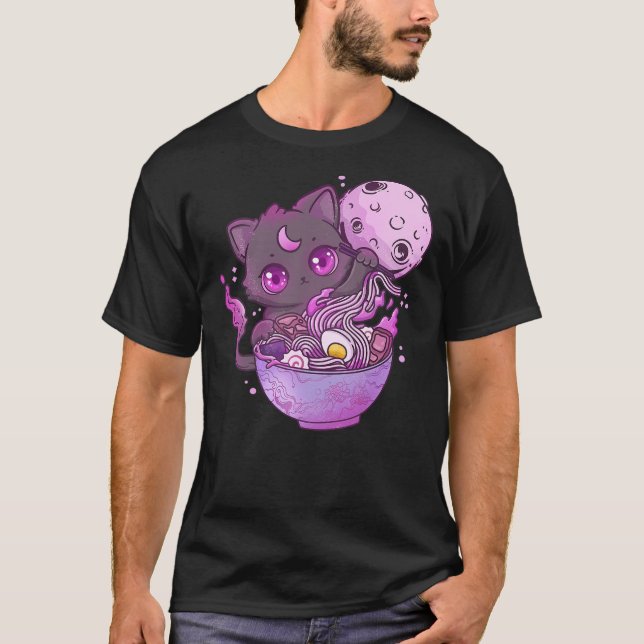 Camiseta Kawaii Creepy Cat Eating Ramen Noodles Pastel Goth (Frente)