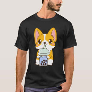 Camiseta Kawaii Cute Boba Corgi Cão Azul Bolha Chá