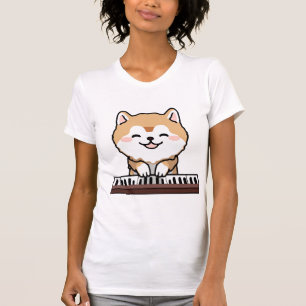 Camiseta Kawaii Cute Dog Tocando Teclado Piano