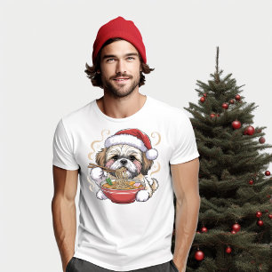 Camiseta Kawaii Cute Papai Noel Shih Tzu Comendo Ramen