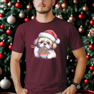 Camiseta Kawaii Cute Papai Noel Shih Tzu Comendo Ramen