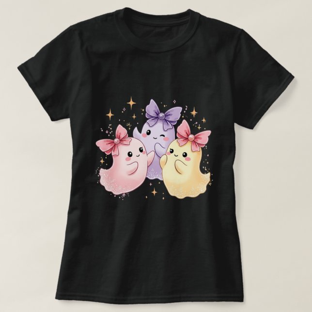Camiseta Kawaii Cute Pastel Fantasmas com Arcos (Frente do Design)