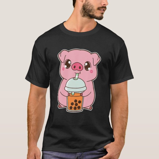 Camiseta Kawaii Cute Zodiac Boba Pig Thai Bubble Pearl (Frente)